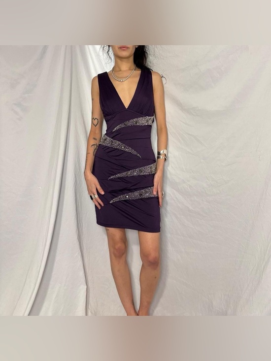 Nikibiki Dresses & Skirts - NIKIBIKI Purple Satin Bandage Dress W Silver Beaded Panels